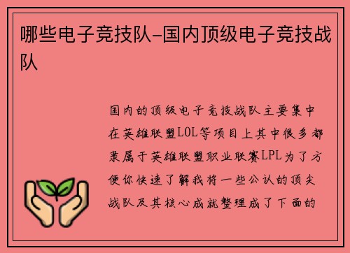 哪些电子竞技队-国内顶级电子竞技战队